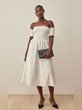 NWT $275 Reformation Westley Organic Cotton Smocked White Midi Dress Size L